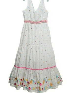 Crown & Ivy White Maxi Dress Pink, Yellow Floral Embroidery Sleeveless Sz 12